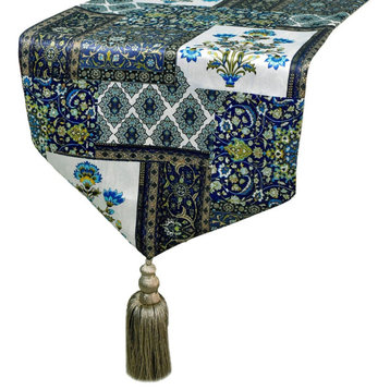 Table Runner Blue Satin 14"x64" Persian, Floral, Tassels & Satin - Niloufar Blue