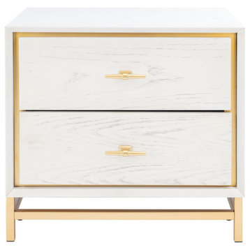 Contemporary Nightstand, Elegant Brass Accents & 2 Storage Drawers, White Washed