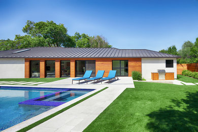 Mid-sized contemporary white one-story wood exterior home idea in San Francisco with a hip roof