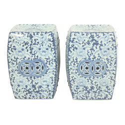 Blue and White Floral Pair of Porcelain Chinese Garden Stools - Products