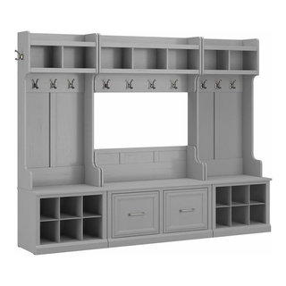 Furniture Key West Entryway Storage Set with Hall Tree, Shoe Bench and Tall  Cabinet in Washed Gray by Bush