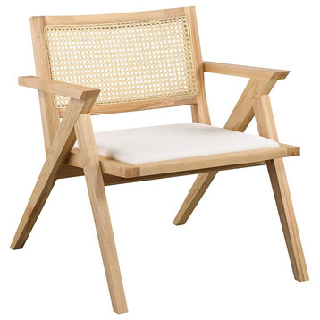 Coastal Accent Chair, Ash Wood Frame, Cushioned Seat and Rattan Back, Natural
