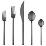 Mepra - Due Flatware Set, Ice Black Gold, 20 Pcs. - The Due collection by Mepra is flatware that exudes luxury as a lifestyle. Its cool, minimal, style is inspired by influential designers like Angelo Mangiarotti and exalted through generations of tradition, technique and superb materials. They're quite practical, too. The metal undergoes a titanium-based molecular embedding process that makes for dishwasher-safe utensils that won't corrode, oxidize or stain.
