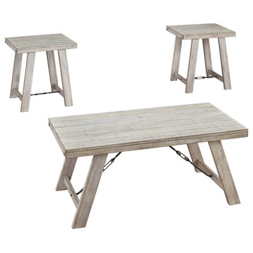 Benzara BM213278 Wooden Table Set with Canted Legs & Tension Bars, Washed White