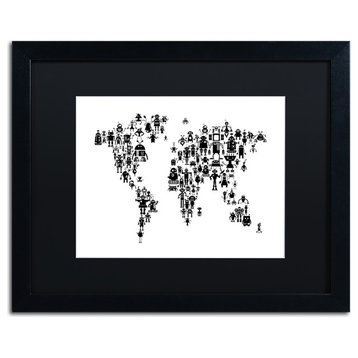 Michael Tompsett 'Robot World Map Black' Matted Framed Art, Black Mat, 20"x16"