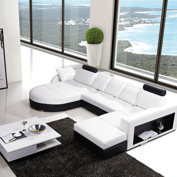 White and Black Bonded Leather Sectional Sofa with Adjustable Headrests