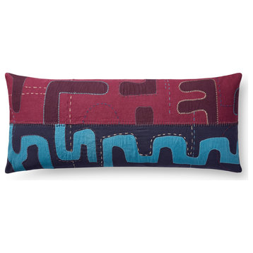 Blue/Purple 13"x35" Kuba Cloth Pattern Appliqued Pillow With Hand Embroidery