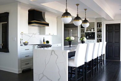 Elegant dark wood floor and brown floor eat-in kitchen photo in Milwaukee with white cabinets, quartzite countertops, white backsplash, porcelain backsplash, stainless steel appliances, an island and white countertops