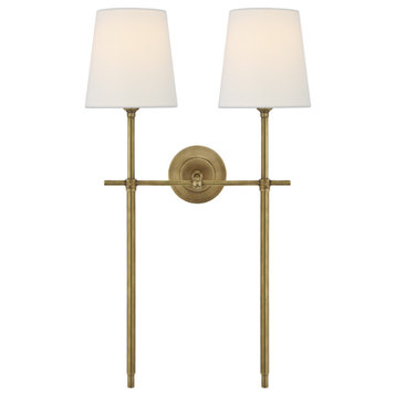 Bryant Large Double Tail Sconce in Hand-Rubbed Antique Brass with Linen Shades