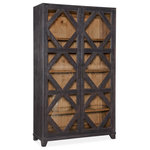Hooker Furniture - Big Sky Display Cabinet - Vintage and rustic, the Big Sky Cabinet has a bold and simple design featuring seeded antique glass doors with a diamond-and-cross-beam pattern decorative overlay. The Charred Timber finish on the exterior contrasts with a Vintage Natural finish on the interior that reveals the authentic knots and wood grain of the Pecky Hickory Veneers. The doors have soft-close hinges, and behind them are two adjustable wood-framed glass shelves with a plate groove and one fixed wood-framed glass shelf in the center with a plate groove. The two lights have a 3-intensity touch switch on the right pack panel.
