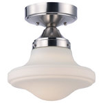 Maxim Lighting - New School 10.5" 15W 1 LED Flush Mount Satin Nickel Satin White Glass - This classic look was updated with modern day styling and technology. Tubular metal frames finished in Satin Nickel support school house glass shades in Satin White. Powered by dimmable LED modules this collection is the perfect marriage of ageless styling and space age technology.   Shade Included: Yes  Color Temperature: 3000 Lumens: 1050 CRI: 90+ Hardwire of Plug?: Hardwire Number of Bulbs Used: 1 Type/Wattage of Bulbs: LED 15W Are bulbs included? No UL Listed: Yes