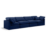 Meridian Furniture - Indulge Upholstered Modular Sofa, Navy, 4-Piece: 2 Armless Chair, 2 Corner Chair, Down Stuffed Velvet - Experience ultimate comfort and style with our navy velvet Indulge Sofa. The luxurious velvet will elevate the aesthetic of any room. This sofa provides ample space for you to relax while its modular build offers the option of unlimited configurations. Whether you're looking to add a stylish element to your living room or a comfortable seating option to your bedroom, this sofa is the perfect choice.