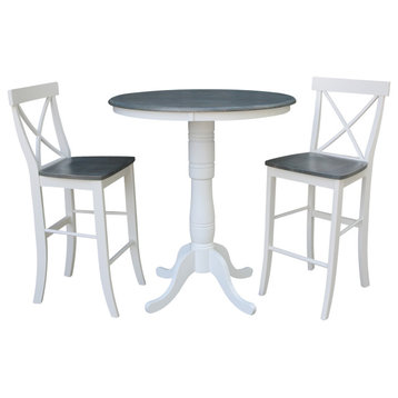 36" Round Pedestal Bar Height Table With Bar Height Stools, White/Heather Gray