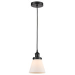 Innovations Lighting - Innovations 616-1PH-BK-G61 1-Light Mini Pendant, Matte Black - Innovations 616-1PH-BK-G61 1-Light Mini Pendant Matte Black. Collection: Edison. Style: Industrial, Farmhouse, Restoration-Vintage, Transitional. Metal Finish: Matte Black. Metal Finish (Canopy/Backplate): Matte Black. Material: Steel, Cast Brass, Glass. Dimension(in): 8(H) x 6(W) x 6(Dia). Min/Max Height (Fixture Height with Cord or Included Stems and Canopy)(in): 13/131. Wire/Cord: 10 Feet Of Black Fabric Cord. Bulb: (1)60W Medium Base,Dimmable(Not Included). Maximum Wattage Per Socket: 100. Voltage: 120. Color Temperature (Kelvin): 2200. CRI: 99. 9. Lumens: 220. Glass Shade Description: Matte White Cased Small Cone. Glass or Metal Shade Color: Matte White. Shade Material: Glass. Glass Type: Frosted. Shade Shape: Cone. Shade Dimension(in): 6. 25(W) x 5. 75(H). Fitter Measurement (Glass Or Metal Shade Fitter Size): 3. 25 inch Fitter. Canopy Dimension(in): 4. 75(Dia) x 1(H). Sloped Ceiling Compatible: Yes. California Proposition 65 Warning Required: Yes. UL and ETL Certification: Damp Location.