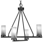 Toltec Lighting - Trinity 4 Light Chandelier Shown, Matte Black Finish, 2.5" Onyx Swirl Glass - Enhance your space with the Trinity 4-Light Chandelier. Installing this chandelier is a breeze - simply connect it to a 120 volt power supply. Set the perfect ambiance with dimmable lighting (dimmer not included). The chandelier is energy-efficient and LED compatible, providing convenience and energy savings. It's versatile and suitable for everyday use, compatible with candelabra base bulbs. Maintenance is a minimal with a damp cloth, as no chemicals are required. The chandelier's streamlined hardwired design adds a touch of elegance to any room. The durable glass shades ensure even light diffusion, creating a captivating atmosphere. Choose from multiple finish and color variations to find the perfect match for your decor.
