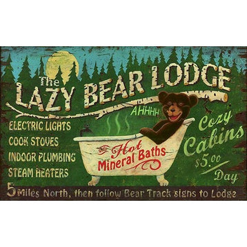 Lazy Bear Lodge Large Vintage Wooden Sign, 32x20