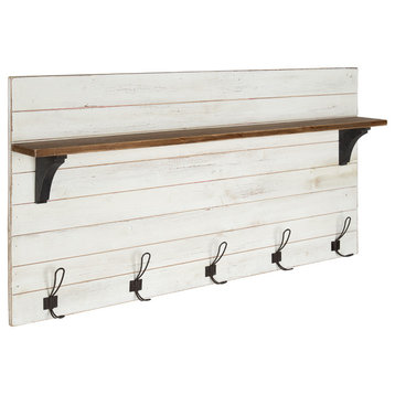 Kate and Laurel Jeran Wood Wall Shelf With 5 Hooks, White