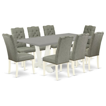 East West Furniture V-Style 9-piece Wood Dining Table Set in White/Smoke