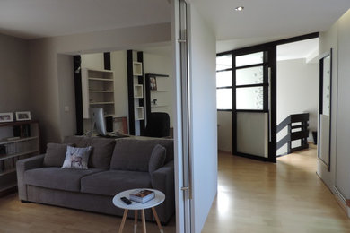 This is an example of a small contemporary hallway in Lille with light hardwood floors and grey walls.