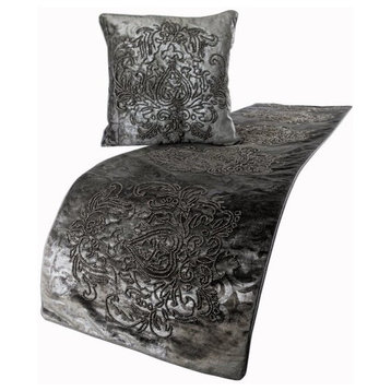 Grey Queen 74"x18" Bed Runner, Velvet Bed Throws, Foil Damask