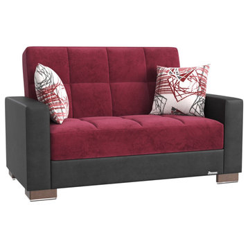 Unique Sleeper Loveseat With Tufted Seat, Burgundy Microfiber/Black Leatherette