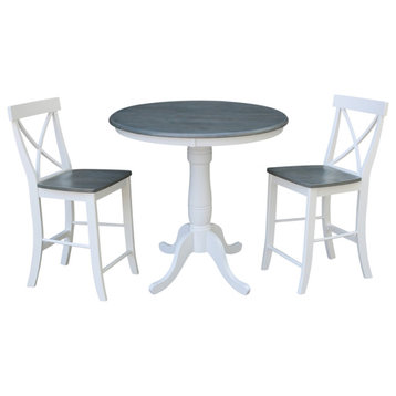International Concepts Solid Wood 36" Round White Table With 2 Counter Stools