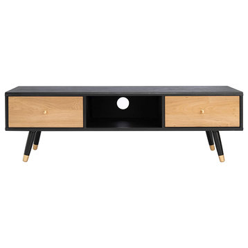 Contemporary TV Stand, Angled Legs With Side Drawers and Open Compartment