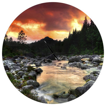 Rocky Mountain River At Sunset Large Coastal Metal Clock, 36x36