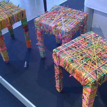 cool stools made with  yarn and ribbons