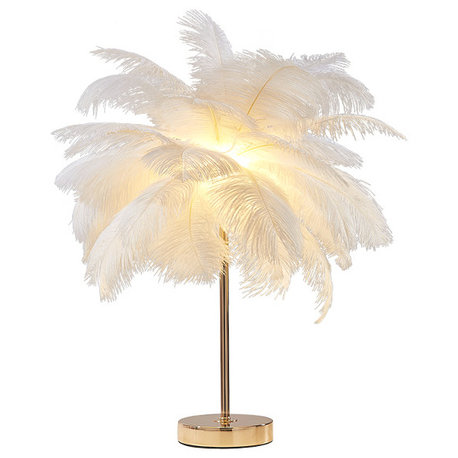 Art Deco Gold Portable Table Lamp with White Feather USB Charging & Dimmable, White, No Dimmable