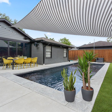 Indoor-outdoor living with pool terrace and modern dining, River Oaks area