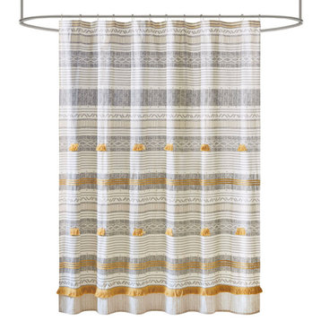 INK+IVY Cody Cotton Stripe Printed Shower Curtain with Tassel, Yellow, 72x72"
