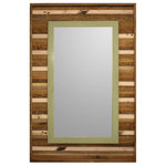 My Barnwood Frames - Summerland Barnwood Mirror 26"x38", Green - A lot of time and detailed work goes into each mirror.  Customers have said how they love how each little slat of wood varies in color and tone, and that its the perfect rustic mirror with just the right amount of character and charm.  This detailed mirror has a slight barnwood raised outside edge. This mirror can be hung horizontally or vertically. Dimensions: 26 inches x 38 inches (Exterior Dimensions). Color: Reclaimed wood, your choice of colored trim. Product Includes: Mirror, Frame, D-ring hanging hardware. Materials Used: reclaimed barnwood, mirror. Made in: USA. Frame Style: Barnwood mirror with small slats. Frame Width: Approximately 7 inches