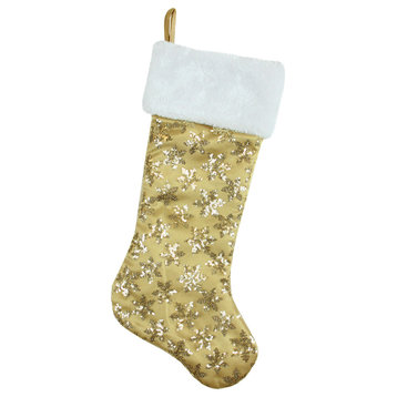 20.5" Gold Sequin Snowflake Christmas Stocking With White Faux Fur Cuff