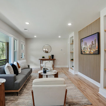 Modern Custom Slat Accent Wall with Built-In Display Shelving