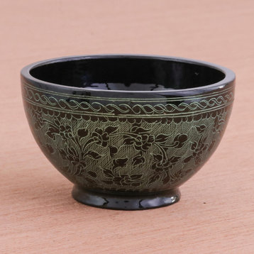 Novica Handmade Verdant Floral Forest Lacquered Wood Decorative Bowl