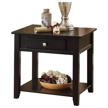 Transitional End Table, Storage Drawer With Bottom Open Shelf, Black Finish