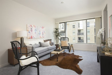 Photo of a mid-sized eclectic enclosed living room in San Diego with grey walls, carpet and no fireplace.