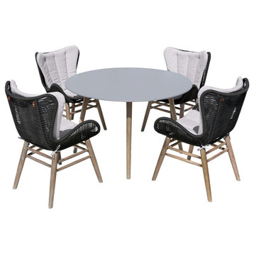 5 Piece Patio Dining Set in Light Eucalyptus Wood with Charcoal Rope