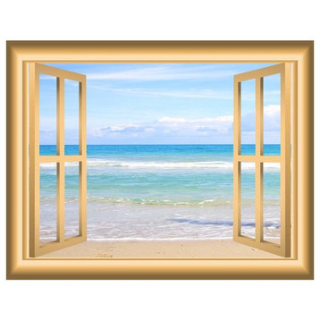 VWAQ Beach Scene Window Decal Ocean View Bedroom Wall Sticker, 24"H