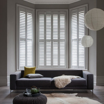 Taupe Bay and Green Full Height Window Shutters