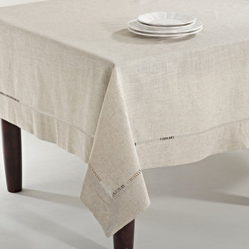 Classic Hemstitched Linen Blend Tablecloth, Natural, 65"x120" Oblong