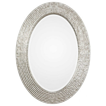 Rustic Oval Frame Wall Mirror in Burnished Silver Finish Hammered Texture