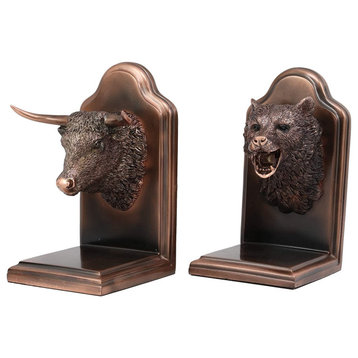 Bull and Bear Head Bookends Statue Set in Bronze