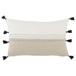 Jaipur Living - Jaipur Living Yamanik Stripes White/ Beige Lumbar Pillow, Polyester Fill - Sophisticated simplicity defines the texturally inspiring Taiga collection. Crafted of soft linen, the Yamanik pillow boasts a neutral color-blocked design accented by black, stitched stripes and petite tassel details.