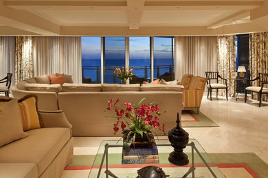 Mid-sized transitional open concept marble floor living room photo in Miami with beige walls and no fireplace