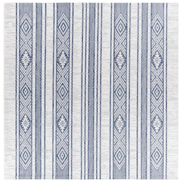 Indoor Outdoor Area Rug, Geometric Striped Pattern, Blue-Ivory/8'10" X 12'