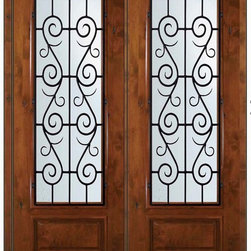 Prehung Double Door 96 Wood Alder St. Charles 3/4 Lite Wrought Iron - Front Doors