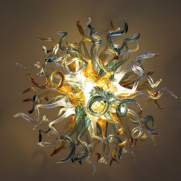 Blown Glass Chandelier - Art Glass - Art Glass Lighting - Teal Clear & Amber