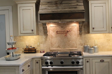 Inspiration for a large rustic l-shaped porcelain tile eat-in kitchen remodel in Other with a farmhouse sink, quartzite countertops, stainless steel appliances and an island